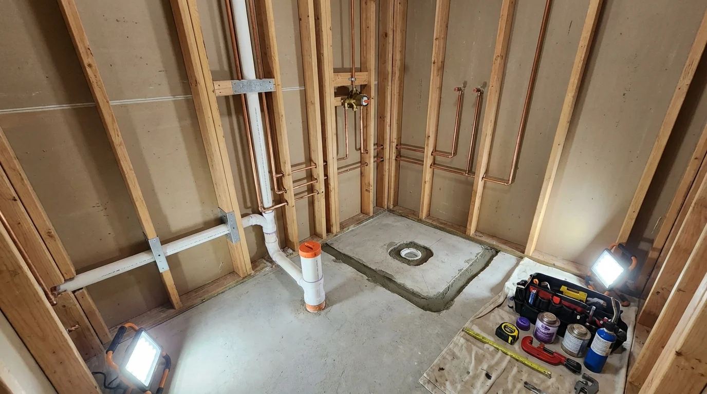 Bathroom rough-in plumbing during remodel by Johns Plumbing LLC in Cannon Beach