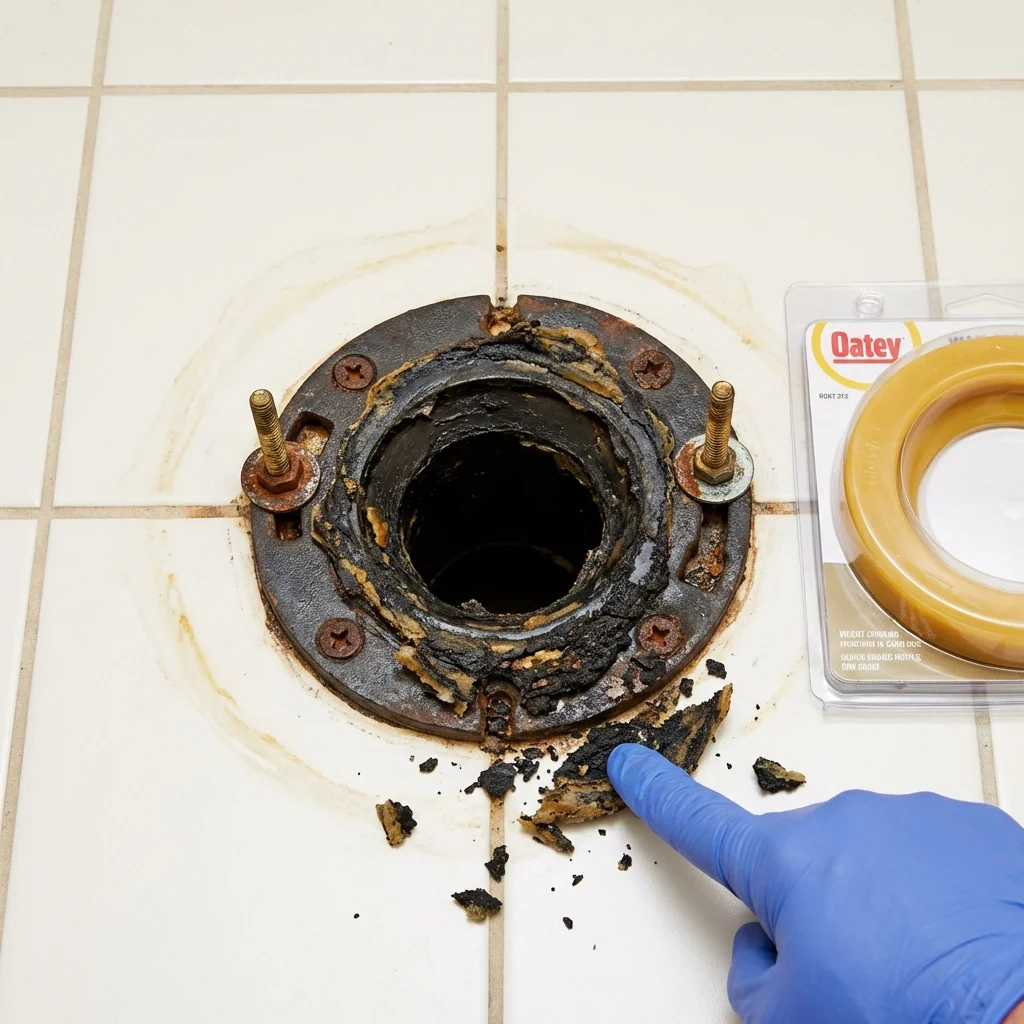 Failed wax ring showing water seepage at the base of a toilet in a Cannon Beach, OR home