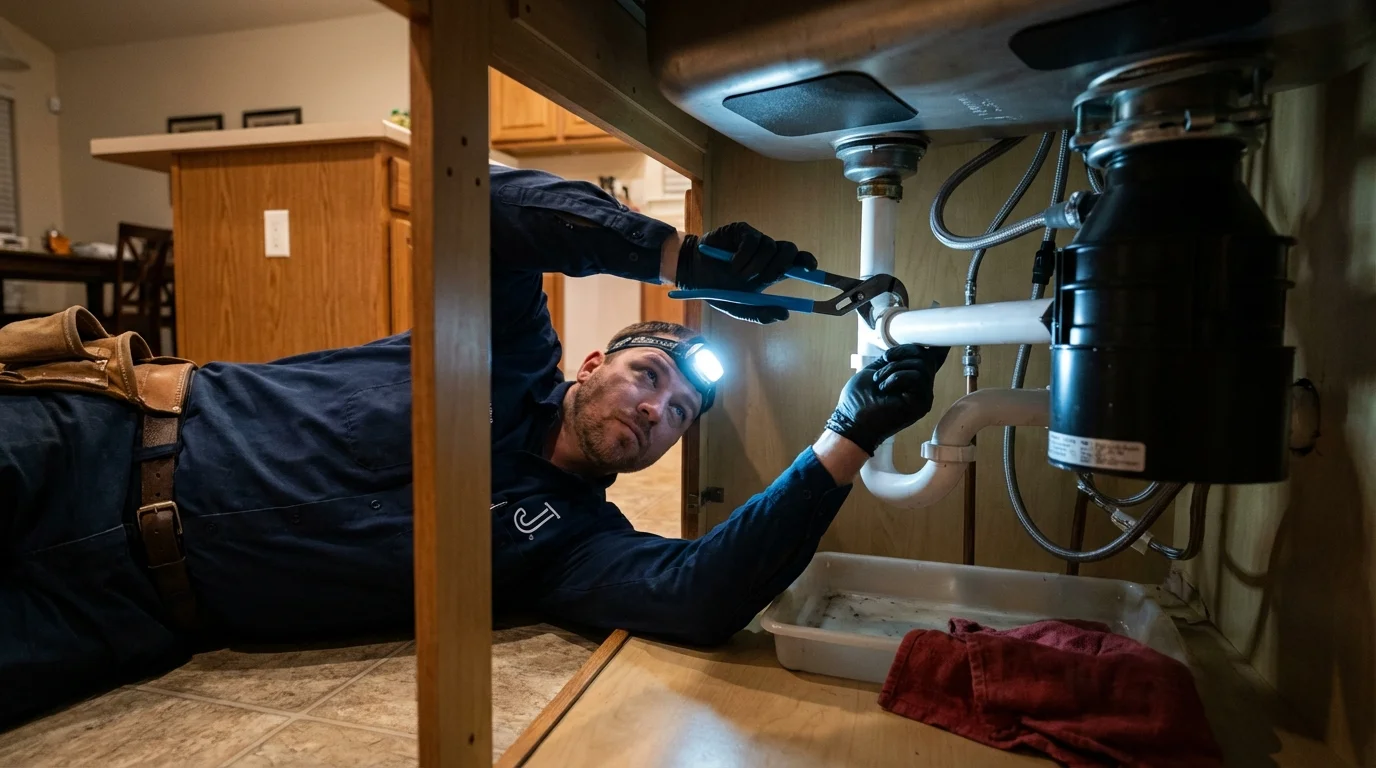 P-trap and supply line connections under a kitchen sink showing a common leak point in Cannon Beach, OR